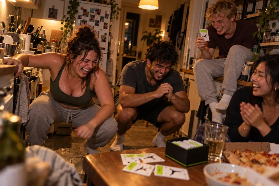 Vier Mitbewohnerinnen und Mitbewohner in einer engen WG-Küche, zwei in der Kniebeuge, einer liest von einer Spielkarte vor