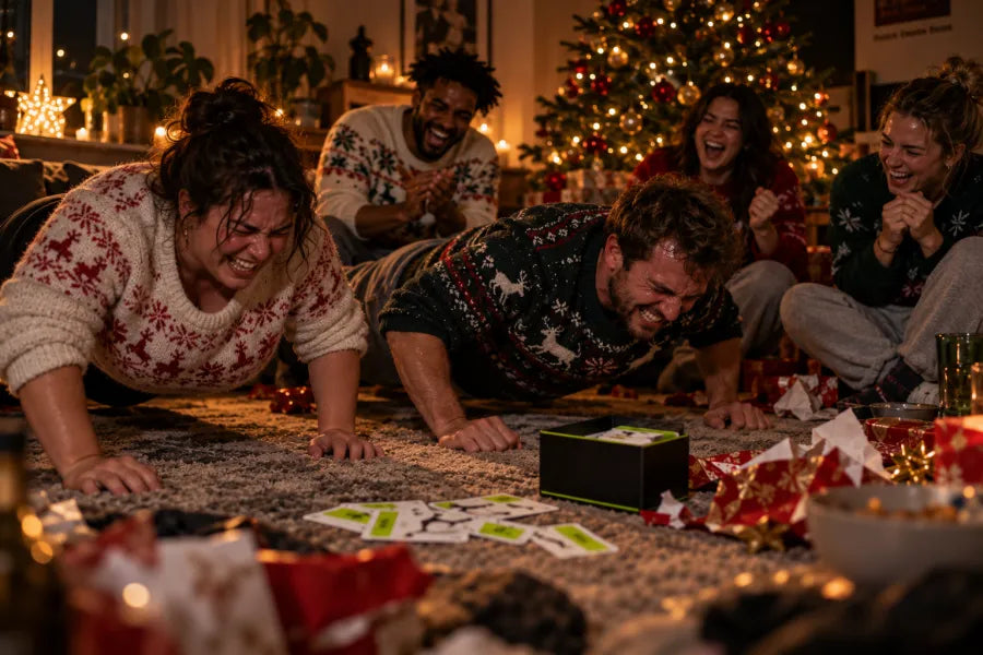 Weihnachtsabend im Wohnzimmer: zwei Personen in Weihnachtspullovern machen Liegestütze zwischen Geschenkpapier, drei weitere sitzen lachend daneben, auf dem Teppich liegen die Kartenschachtel und Spielkarten
